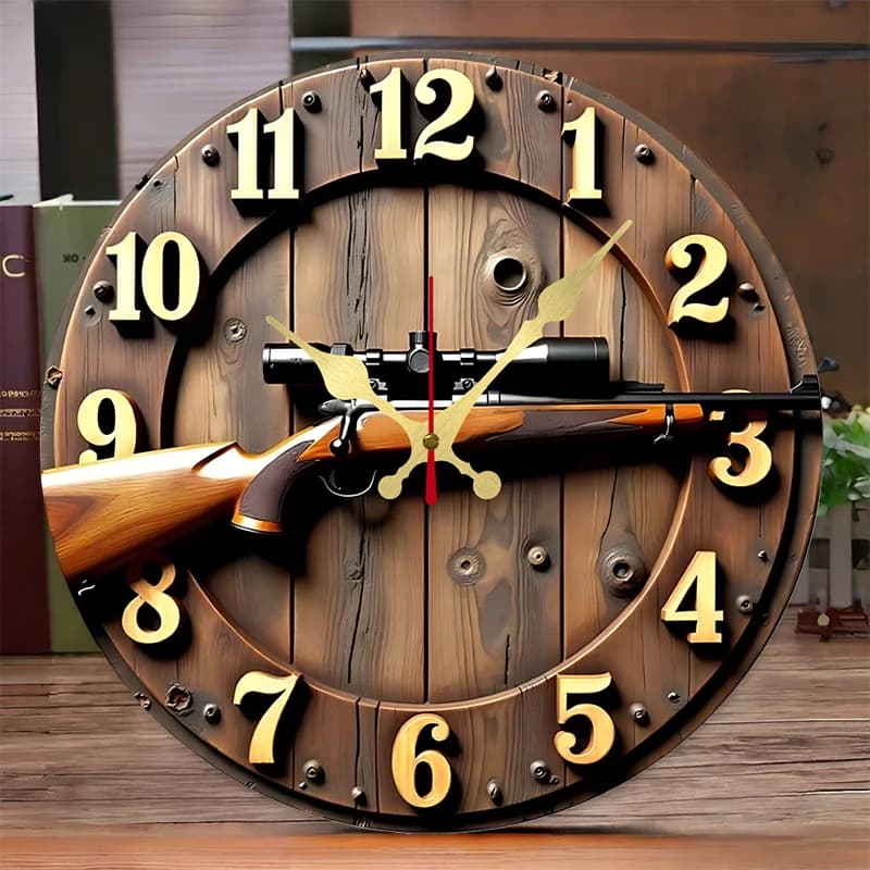 Round wooden wall clock Winchester Rifle, suitable for living room, office, study, bedroom, home decoration