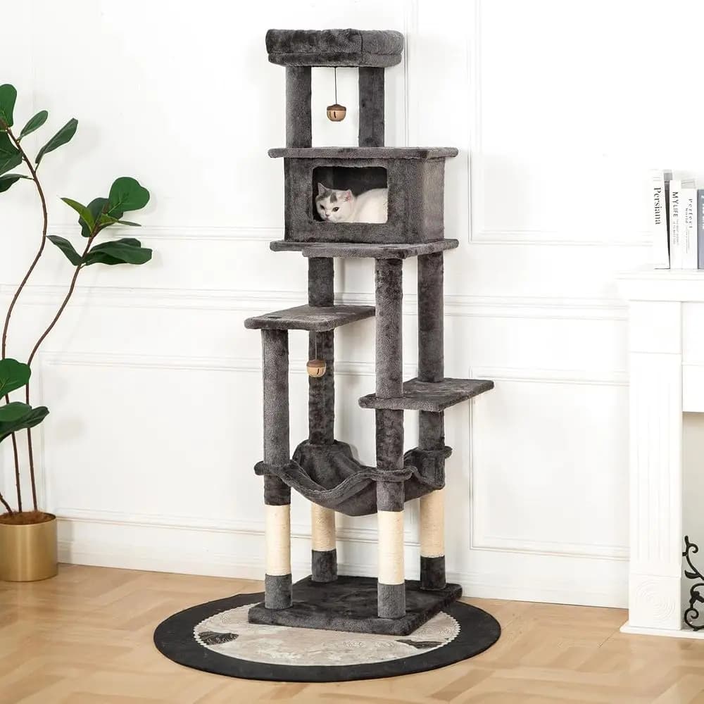 Albero per Gatti Multi-Livello Grande con 4 Tiragraffi, Cuccia, Amaca, Posatoio, Base Rinforzata, Grigio Peluche