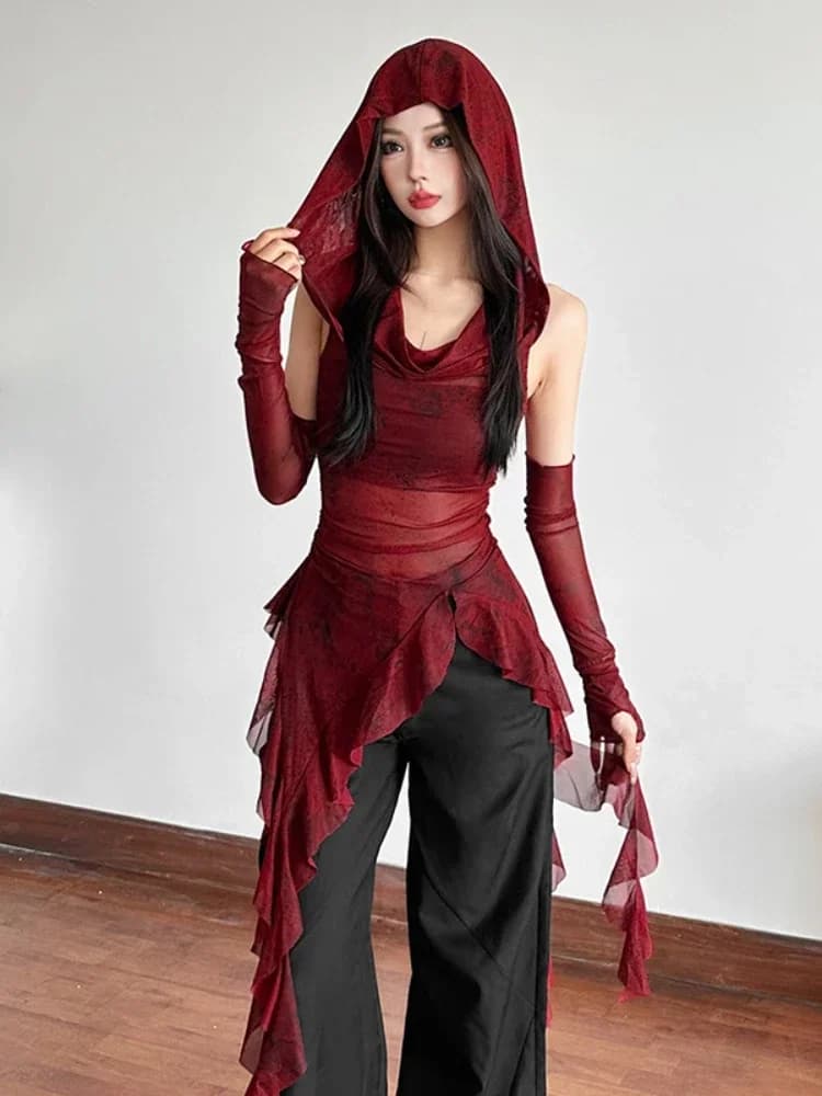 Streetwear anni '90 Grunge Mesh See Through Top con cappuccio Cyber Y2K Orlo irregolare con volant Felpa con cappuccio Camicetta slim da donna con polsini