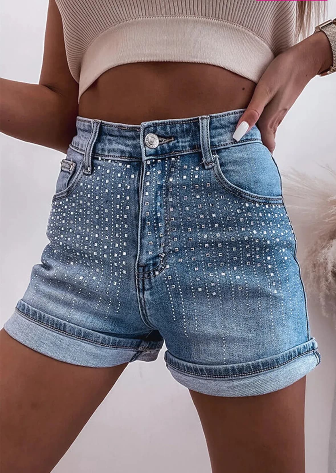 Shorts in denim Y2K con strass, da donna, a vita alta, con orlo arrotolato, eleganti, vintage, lavati, slim fit, casual, streetwear