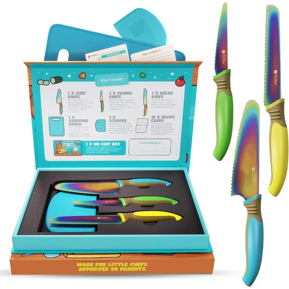 Set da cucina per bambini con lame arcobaleno, tagliere e schede ricette, sicuro per bambini dai 3 anni in su