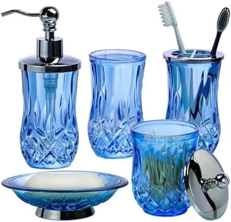 Set da Bagno in Vetro Blu 5 Pezzi – Dispenser Sapone Moderno, Porta Spazzolini, Portasapone e Bicchiere – Elegante Decorazione per il Bagno, Idea Regalo