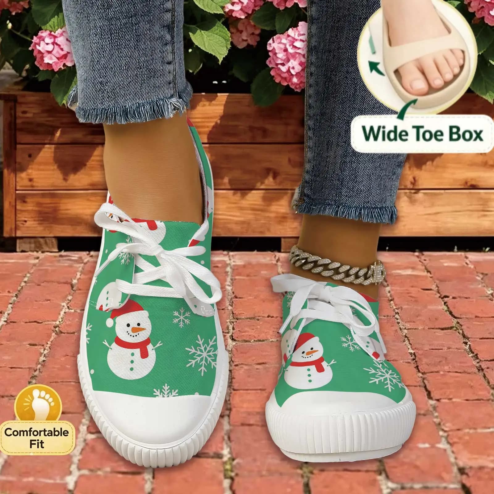 Women Christmas Snowman Print Lace Up Sneakers Wide Round Toe Flat Shoes For Daily Commute Walking Holiday