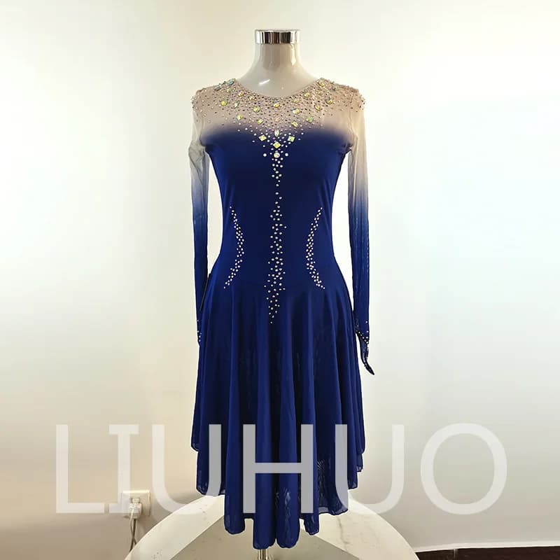 LIUHUO Pattinaggio di Figura sul Ghiaccio Abito Blu Ragazze Donne Adolescenti Abito da Competizione in Spandex Elastico