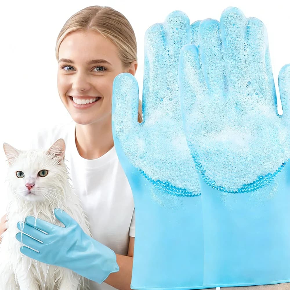 Guanti per Toelettatura Animali Domestici, Guanto per Bagno e Pulizia di Cani e Gatti, Spazzola per Shampoo, Guanto in Silicone Morbido per Rimozione Peli, Protezione della Pelle delle Mani