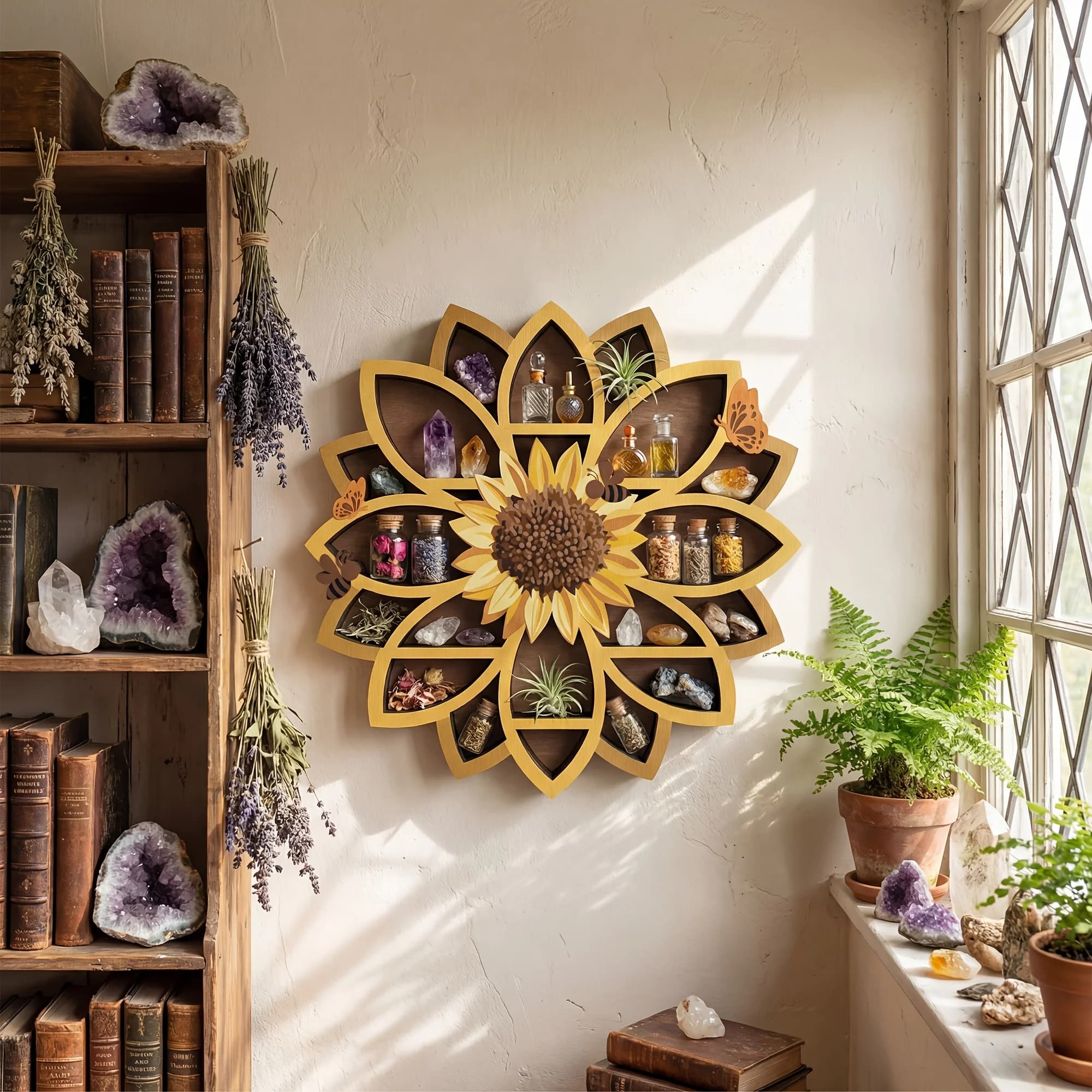 FNYDOXGI 1 pz. Mensola Galleggiante in Legno a Forma di Girasole - Organizer da Parete con Stampa UV, Decorazione Spirituale con Gemme, Essenziale