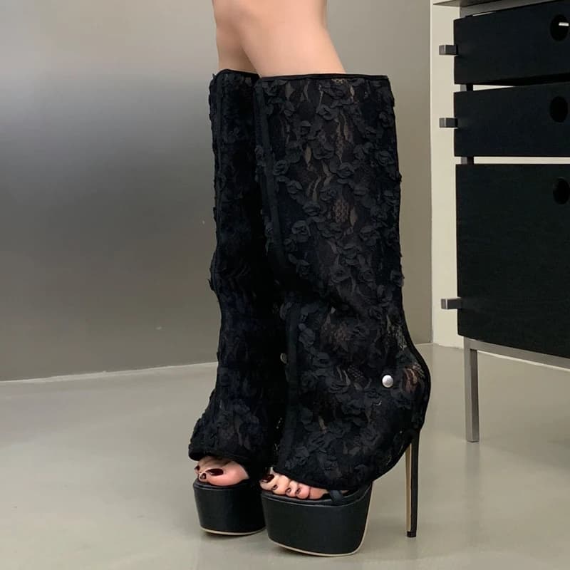 Aneikeh Moda Sexy pizzo staccabile sandali col tacco alto Pole Dance Scava Fuori Sandalo Stivali Lady Banchetto Party Shoe Stivaletti fantastici
