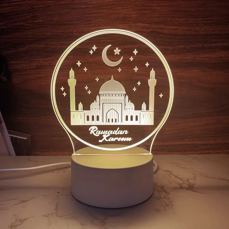 Lampada Decorativa per Camera da Letto, Luce Notturna LED 3D in Acrilico USB, Decorazioni per il Festival Islamico del Ramadan, Ornamenti EID Mubarak