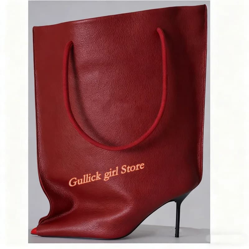 Stivali in pelle opaca sembrano una borsa Stiletto tacco alto sottile Slip On Rosso Nero Moda 2025 Inverno Autunno Scarpe da donna Slouchy