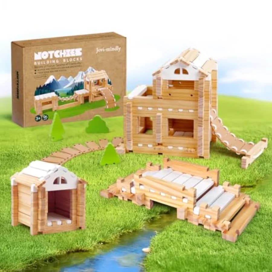＆Notchies 96 Pezzi Blocchi di Legno con Borsa Portaoggetti, Giocattoli Educativi Prescolari, Blocchi di Costruzione in Legno per Bambini dai 4-8 Anni, Creativi