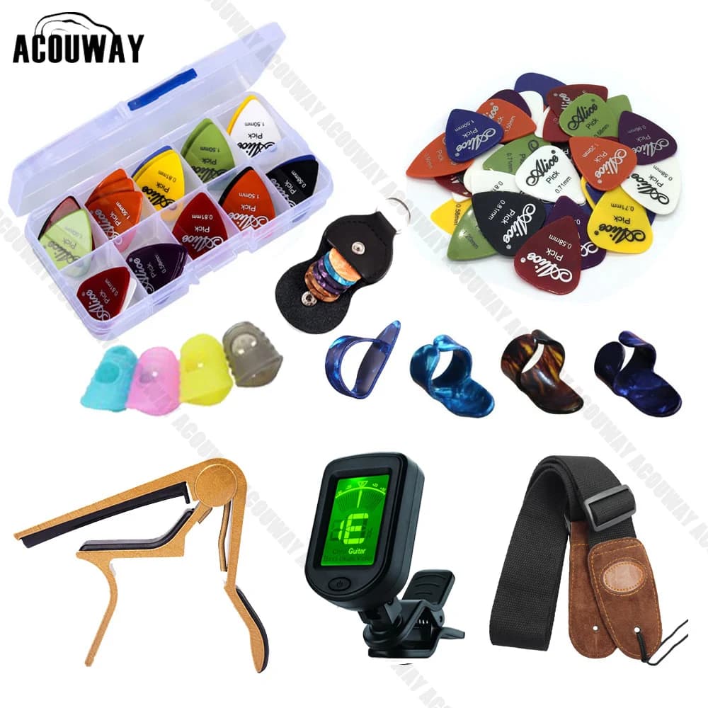 Kit set di accessori per chitarra Plettri per chitarra Capotasto per chitarra Accordatore per tracolla / Protezione per la punta delle dita / Accessori per parti di ganci per chitarra