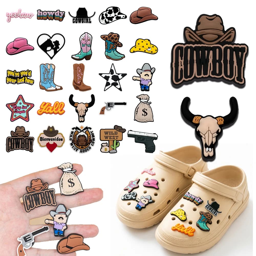 5-25pcs Trendy Western Cowboy Charms PVC Shoe Clips Decor for Boot Hat Star Shoe Pins Accessories for Teens Party Favors