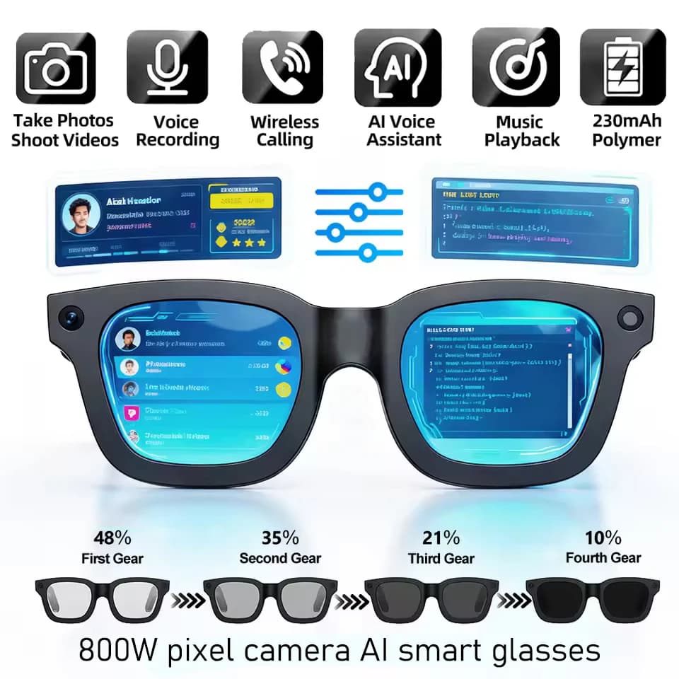Nuovi Occhiali Smart 2026 con Fotocamera da 800W Pixel, Registrazione Video HD, Traduzione AI, Lenti Fotocromatiche, Chiamate Bluetooth e Musica