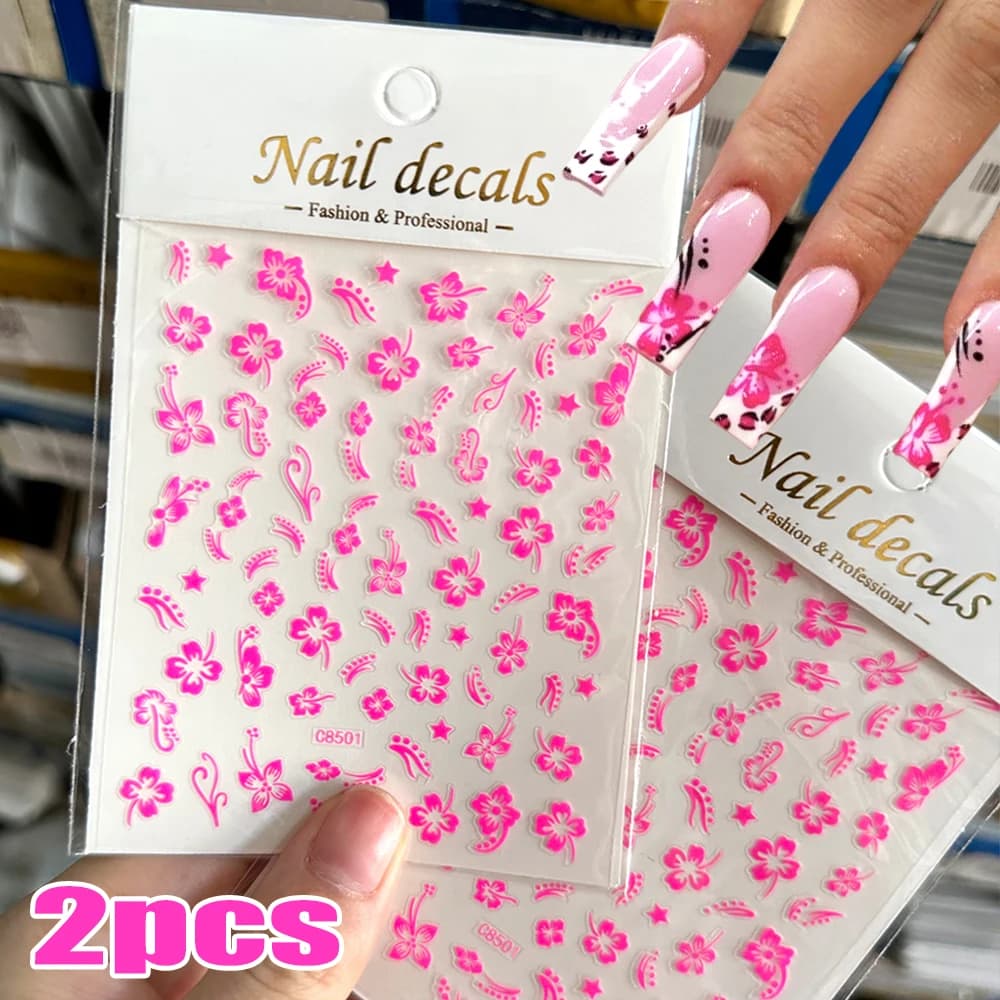 2 pezzi adesivi per unghie fiore di ibisco 3D autoadesivi 3D fiore bianco rosa decalcomanie per unghie foglie tropicali decorazione estiva per unghie