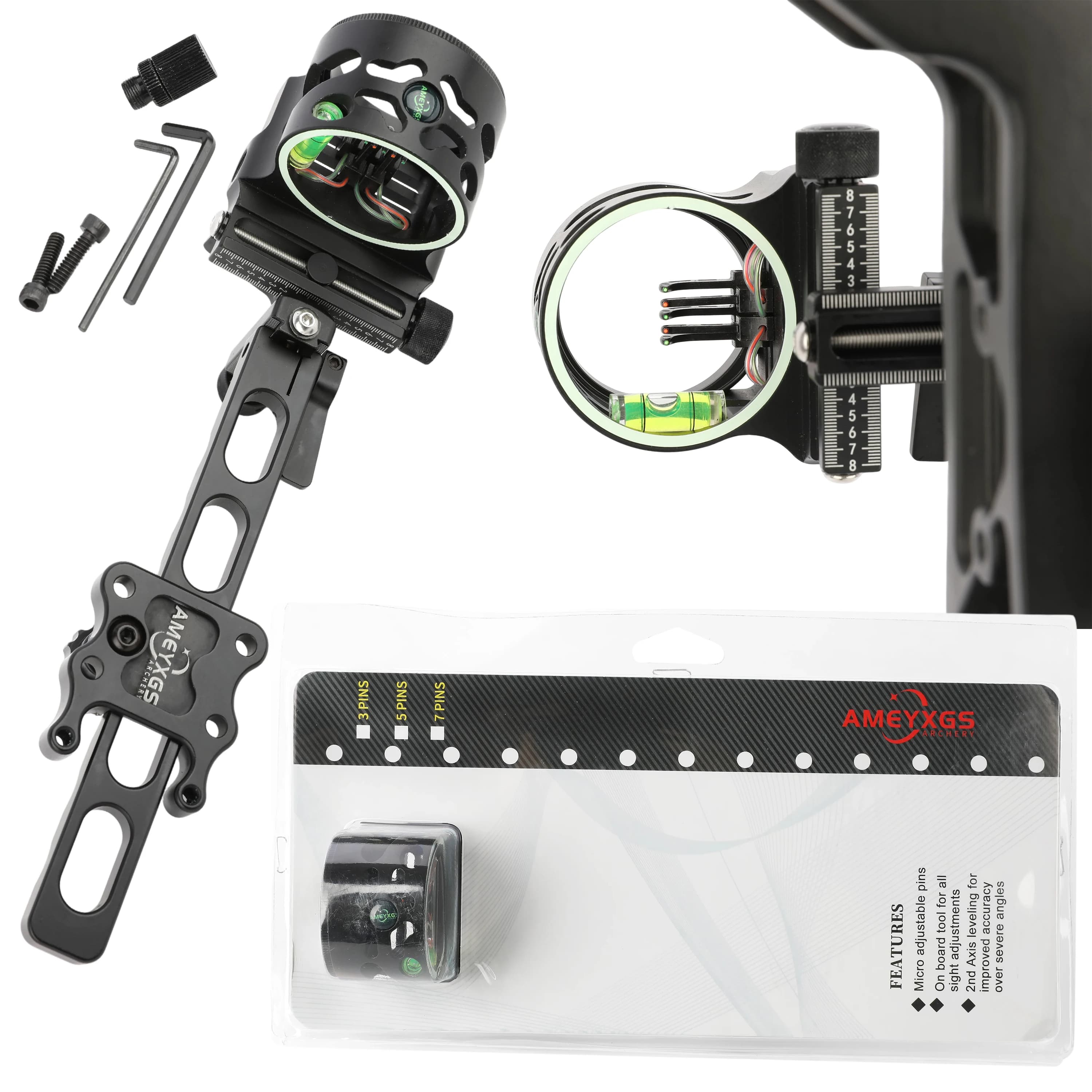 Compound Bow 5 Pin Sight Long Rod 0.019" Fiber Optic Micro Adjustable LH RH Archery Sight for Hunting Target Shooting Practice