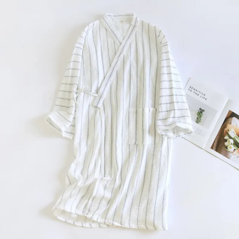 2026 Japanese style new spring and autumn men's sleeping robe 100% cotton crepe striped bathrobe loose home clothes sleepwear