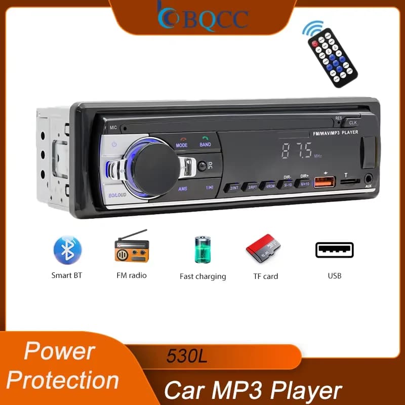 BQCC 530L 1 Din FM Autoradio BT TF AUX USB Tempo di ricarica rapida Stereo per auto LED Telecomando Lettore per auto MP3