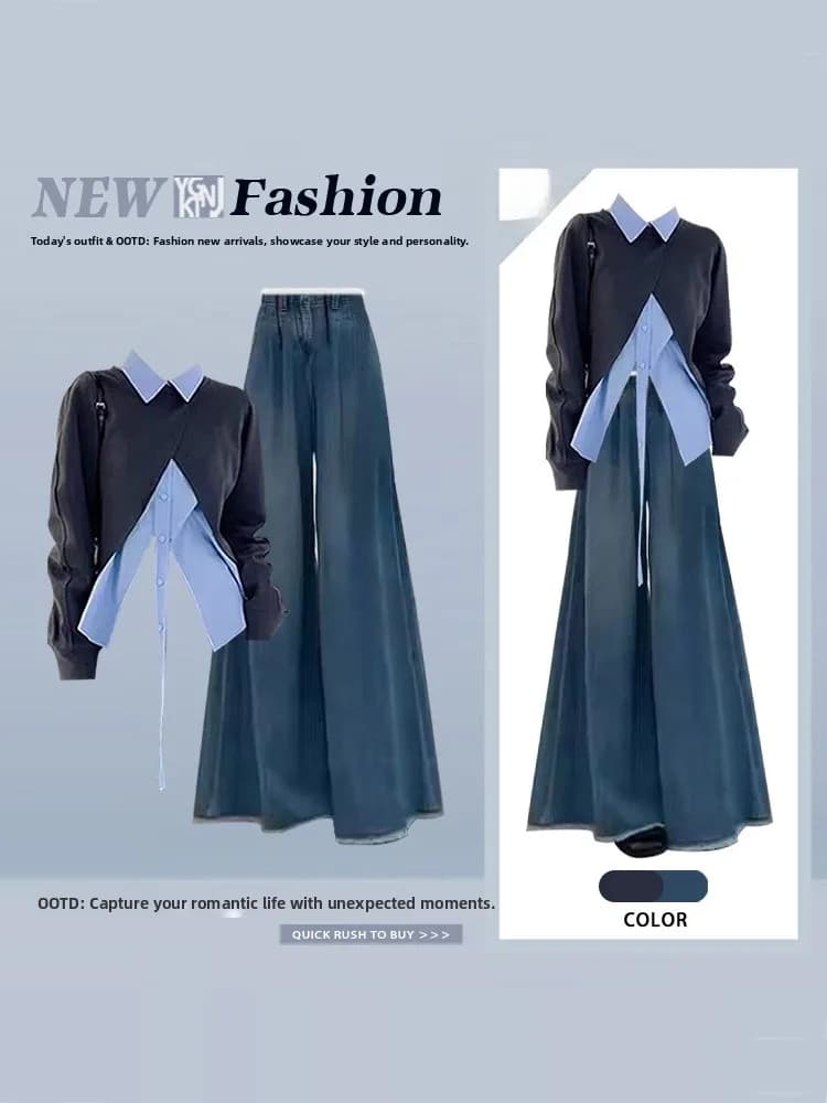 Spring New Sle Fake Two-Piece irt High Waist Wide Leg Pants Women's Denim Set Slimming Commute Design High Waist Jeans