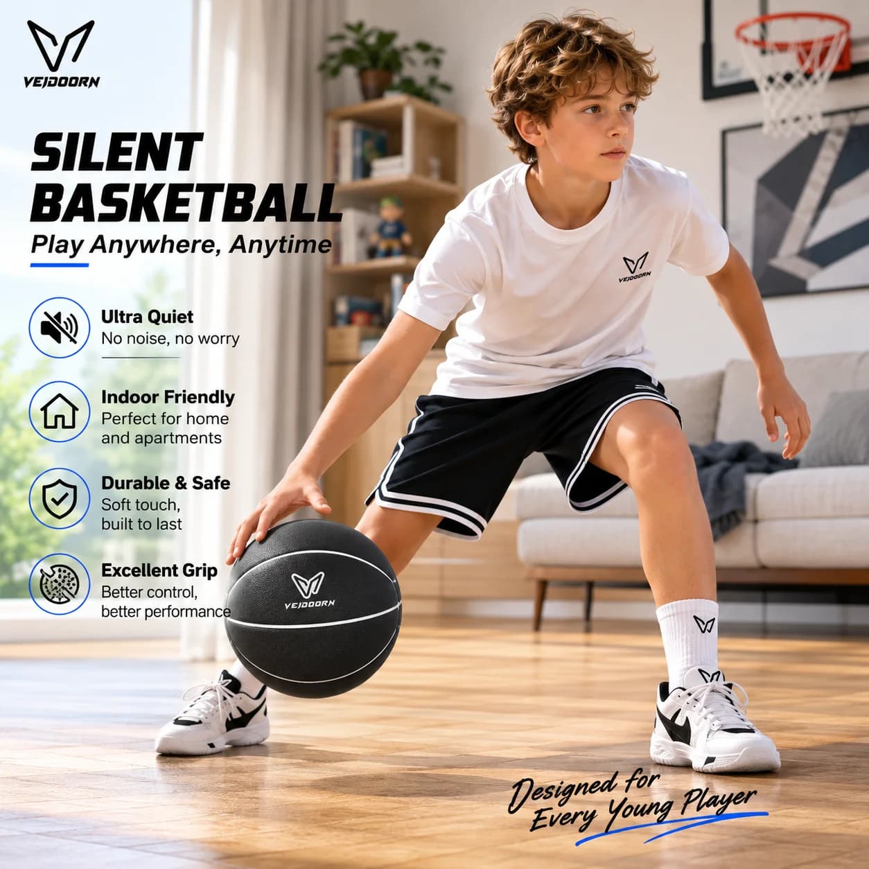 Veidoorn 600g Standard Weight Mute Basketball Quiet Shock‑Absorbing Indoor Basketball Silent Ball for Household Practice