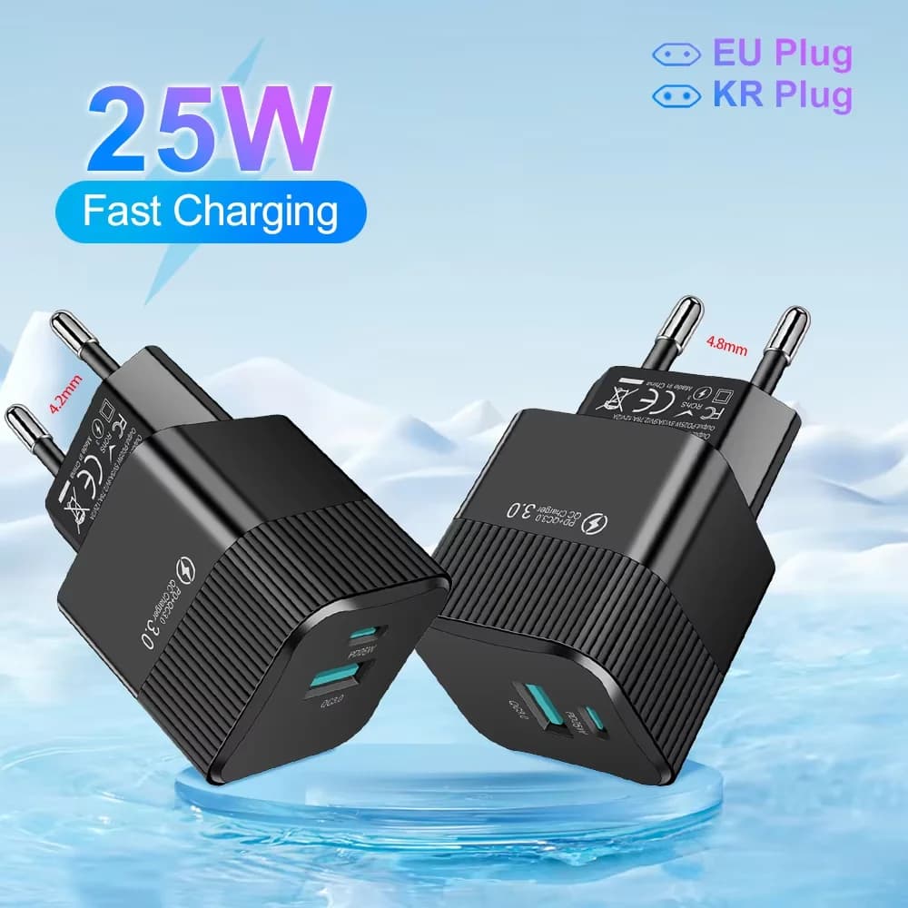 Quick USB C Charger to 2 Ports PD 25W, Mini KR EU Travel Adapter for Fast Charging of iPhone 15 Pro Max Oneplus