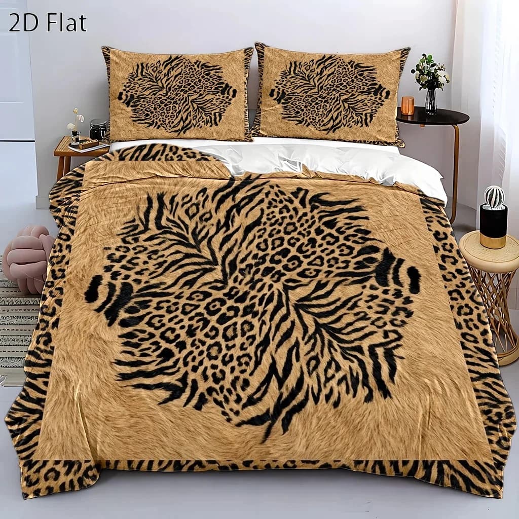 3-Piece Wild Leopard and Zebra Print Duvet Cover Set, 1 Duvet Cover + 2 Pillowcases, Three-Piece Bedding Set, Suitable for All Seasons, Machine Washable Bedding Set, Large Double Bed Cover with Invisible Zipper Design, Universal Bedding Set for Home, Dormitory, Master Bedroom, Guest Room, Faux Animal Fur Texture, Fashionable Bedding, Hot-Selling Bedroom Decor Bedding Set, Soft and Skin-Friendly, Easy to Care For, Three-Piece Bedding Set, Trendy Animal Print Luxury Bedding Set, Comfortable and Breathable Hotel-Style Duvet