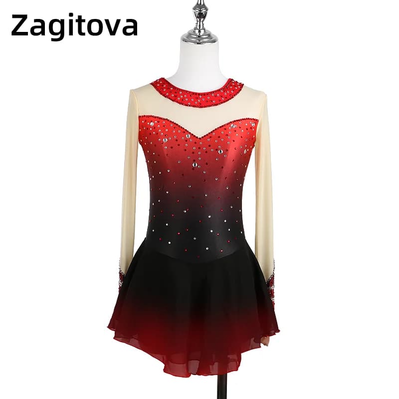 Zagitova Abito da pattinaggio di figura Donna Ragazza Gonna da pattinaggio su ghiaccio Concorso di prestazioni Gonna a rete sfumata rossa nera