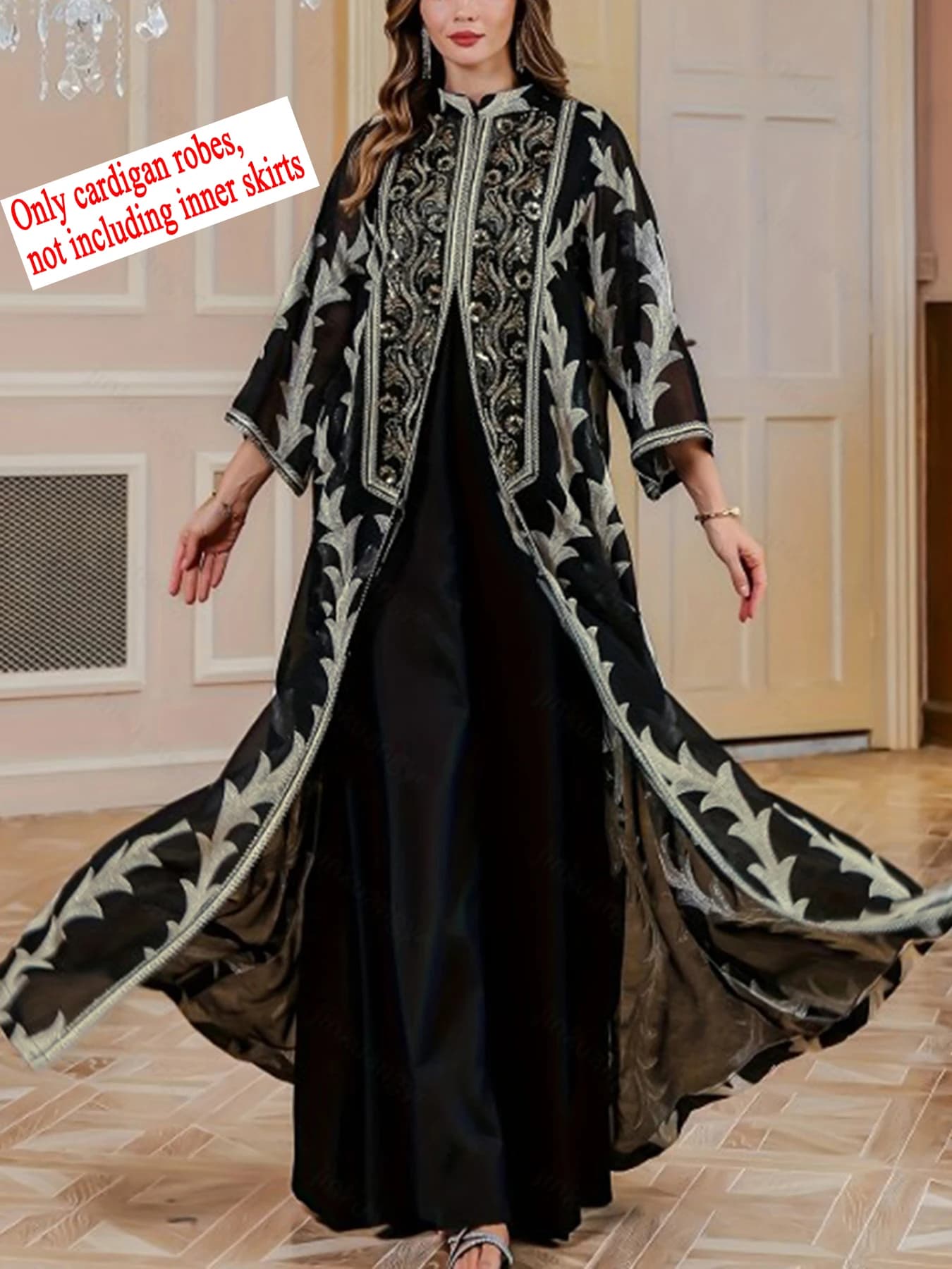 New Middle Eastern Women's Clothing: Elegant Black Dress Embroidered with High Quality Paillettes, Spacious and Comfortable for Pendolarism, Cardigan Breathable for Sea Holidays, Covers on the Net, Dubai Traditional Dress and Saudi Arabia, Cardigan Dress Elegant Long Sleeves