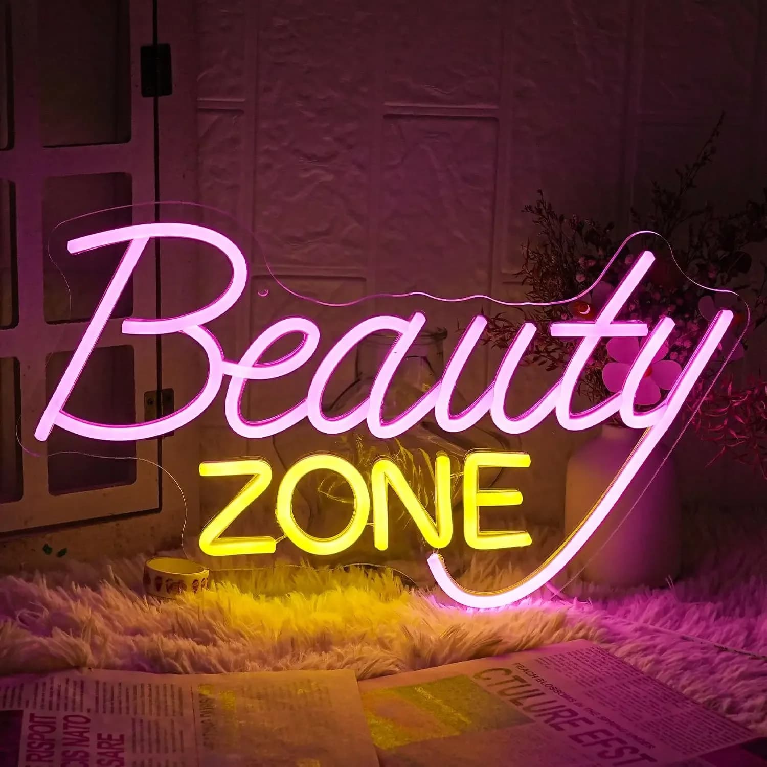 Insegna al neon Beauty Zone dimmerabile con alimentazione USB, luce LED al neon per salone di bellezza, spa, stanza trucco, sala massaggi, decorazione da parete, regali di inaugurazione