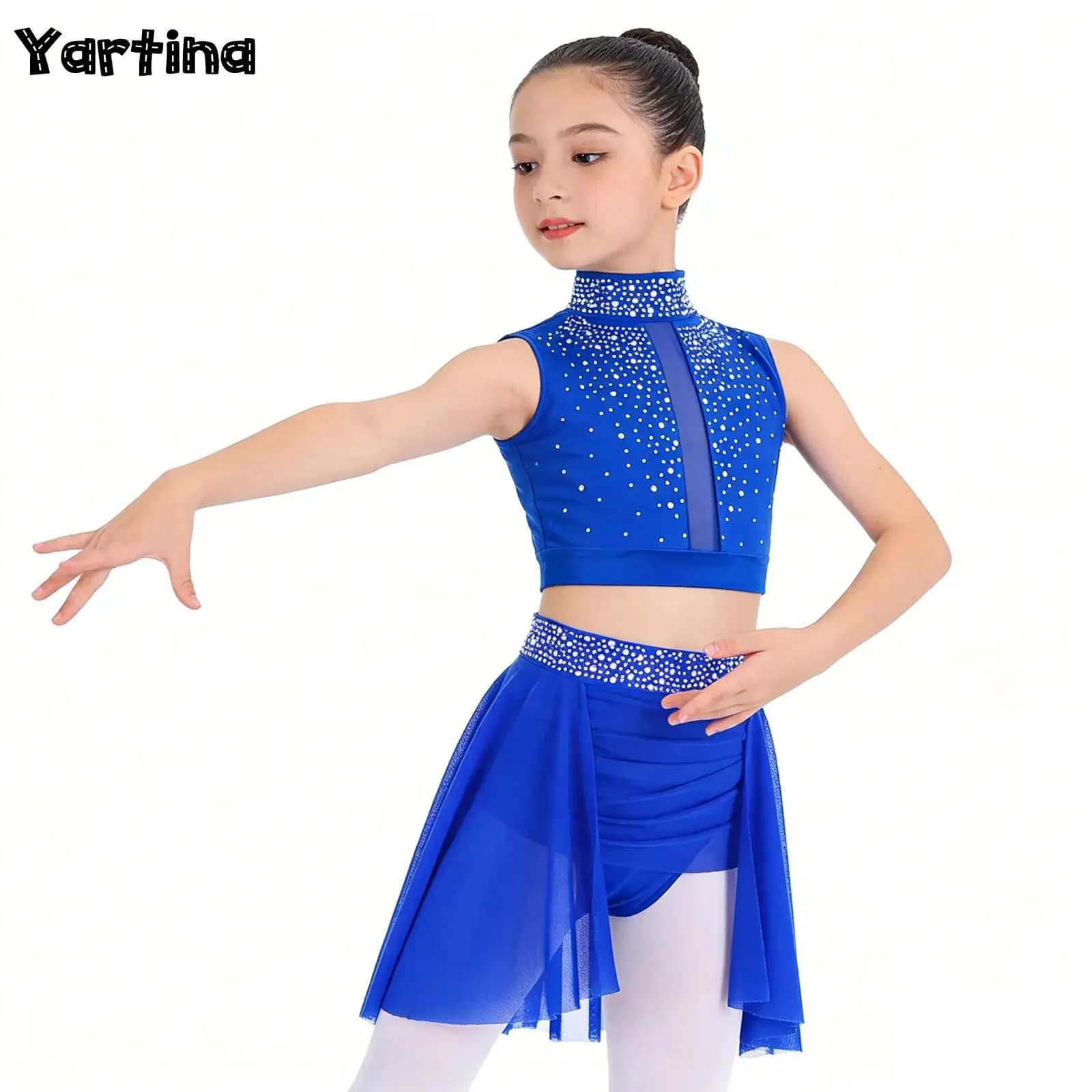 Vestito da danza lirica contemporanea per balletto per bambina, strass scintillanti, ginnastica, pattinaggio di figura, costume da ballo, gilet con gonna