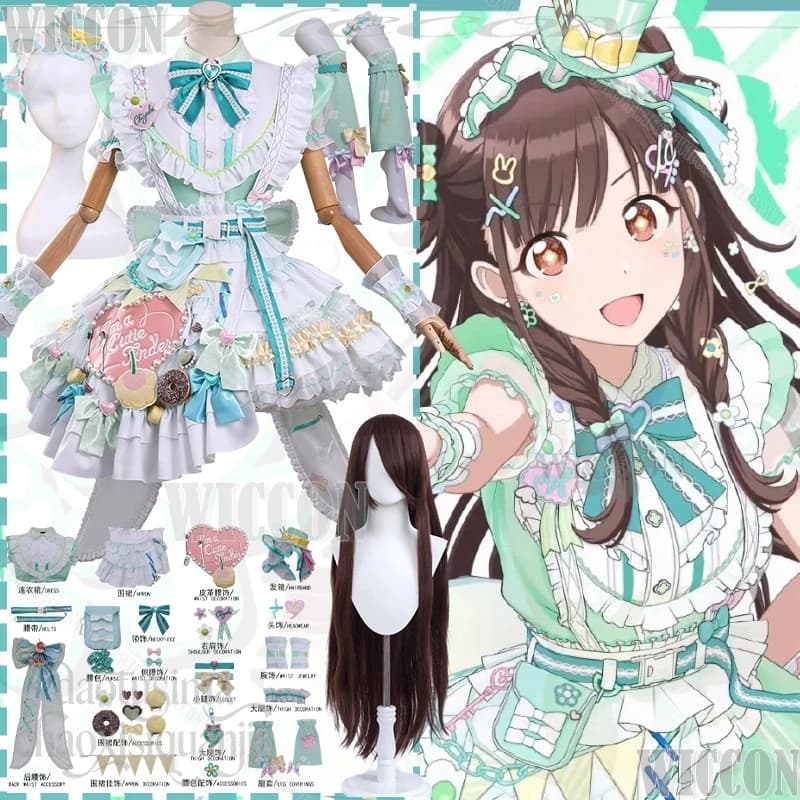 Costume Cosplay I'm A Cutie Finder Sonoda Chiyoko, Green Pie-shaped dress, Kawaii Sweet Lolita style, for Souls and Games IDOLM@STER SHINY COLORS