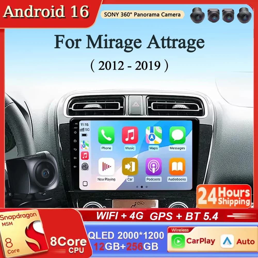 Per Mitsubishi Mirage Attrage 2012-2018 2019 Android 16 Carplay&Auto Autoradio Navigazione Multimedia Stereo Player BT QLED GPS