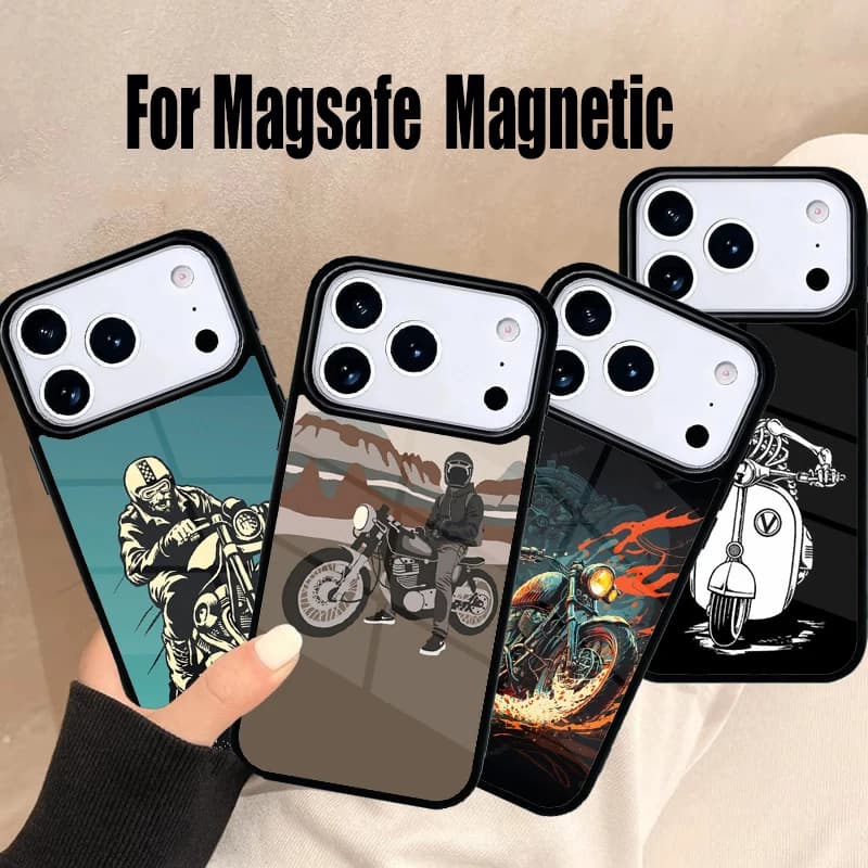 Custodia per telefono a forma di moto cartoon per iPhone 17 Air 16e 15 14 13 12 11 Pro Max Plus, cover magnetica wireless Magsafe