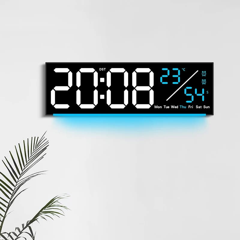 Digital Wall Clock with 9 Colors Mood Light Remote Control TEMP Date Week 2 Alarm 10 Levels Brightness 12/24H DST Table Clock