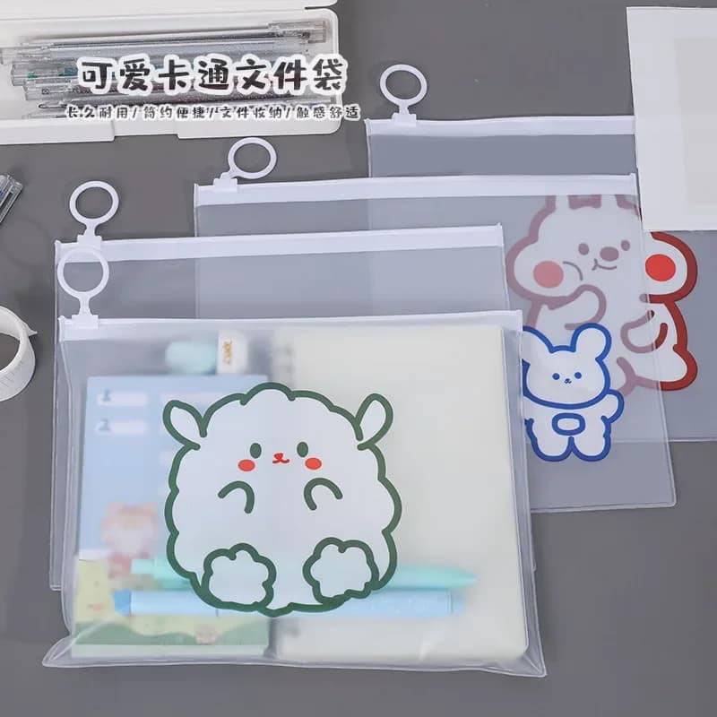 20PCS Lovely Cartoon File Bag Simple Ring Zipper Bag Student Multifunctional Transparent Storage File Folder Office Accessories