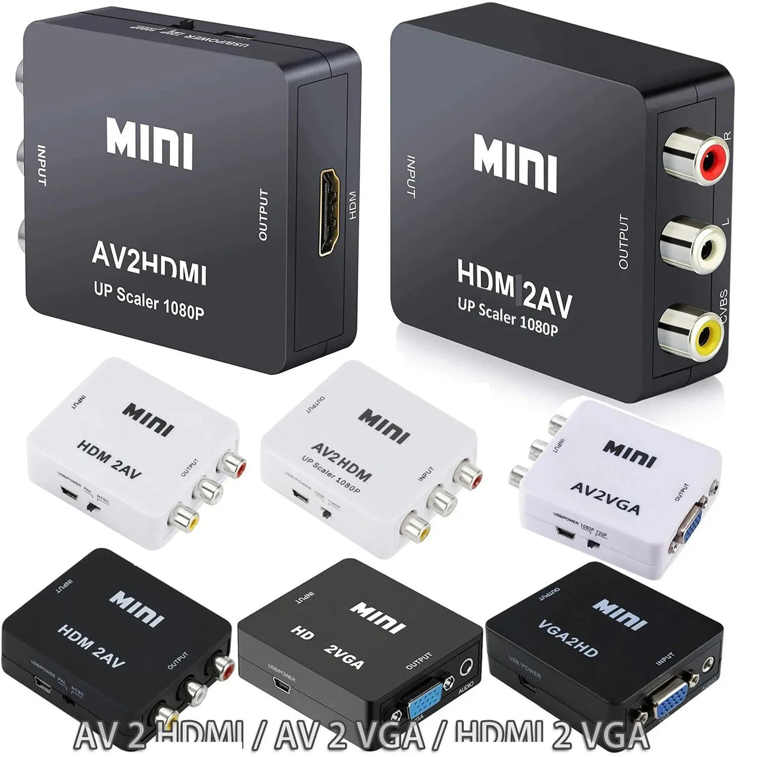 For HDMI to RCA VGA to AV CVBS AV2HD 1080P Output L/R Video Audio Adapter Box PAL/NTSC for PS4 Xbox Laptop TV Monitor