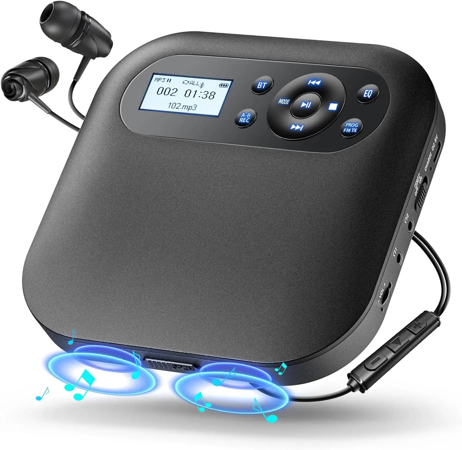 Portable Bluetooth CD player with speakers, FM transmitter, rechargeable design and anti-slip for home and car
