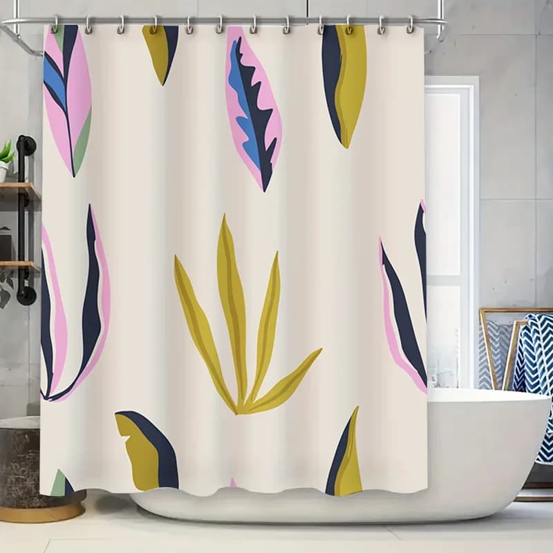 Tenda da doccia con foglie vibranti, decorazione da bagno alla moda con design floreale rosa blu per cucina o vasca da bagno, moderna