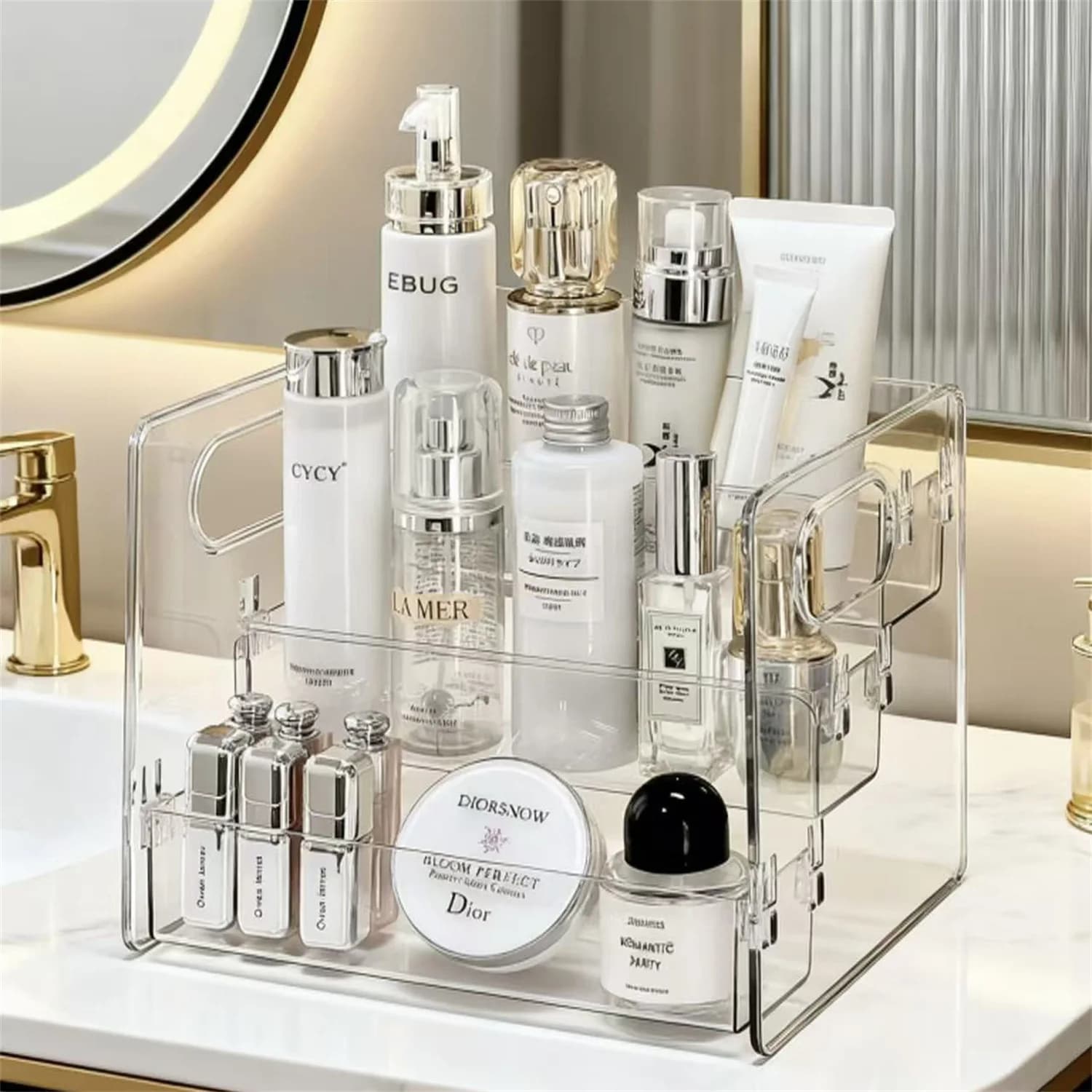 1 portaoggetti per cosmetici, scaffale organizer da scrivania, espositore a gradini in acrilico trasparente per prodotti per la cura della pelle, perfetto per sale studio, uffici domestici e conservazione di cosmetici