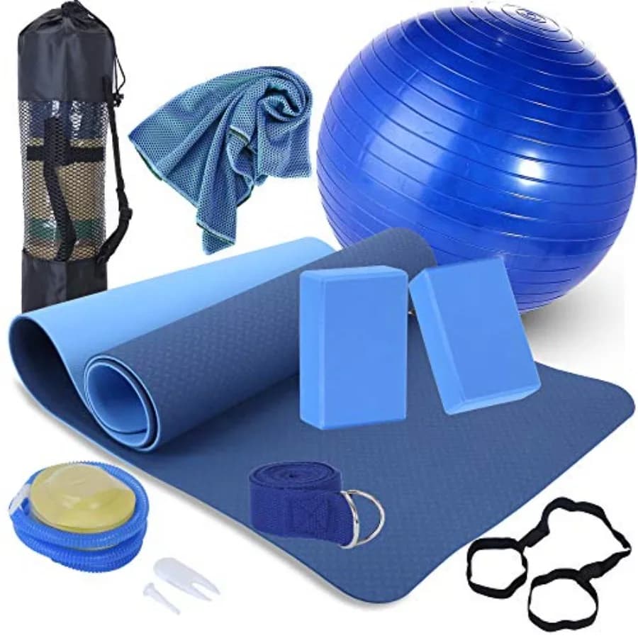 Kit yoga per principianti: blocchi in schiuma EVA, cinghia in cotone, palla in PVC, tappetino antiscivolo in TPE, cinghia di trasporto in nylon, borsa a rete, microfibra