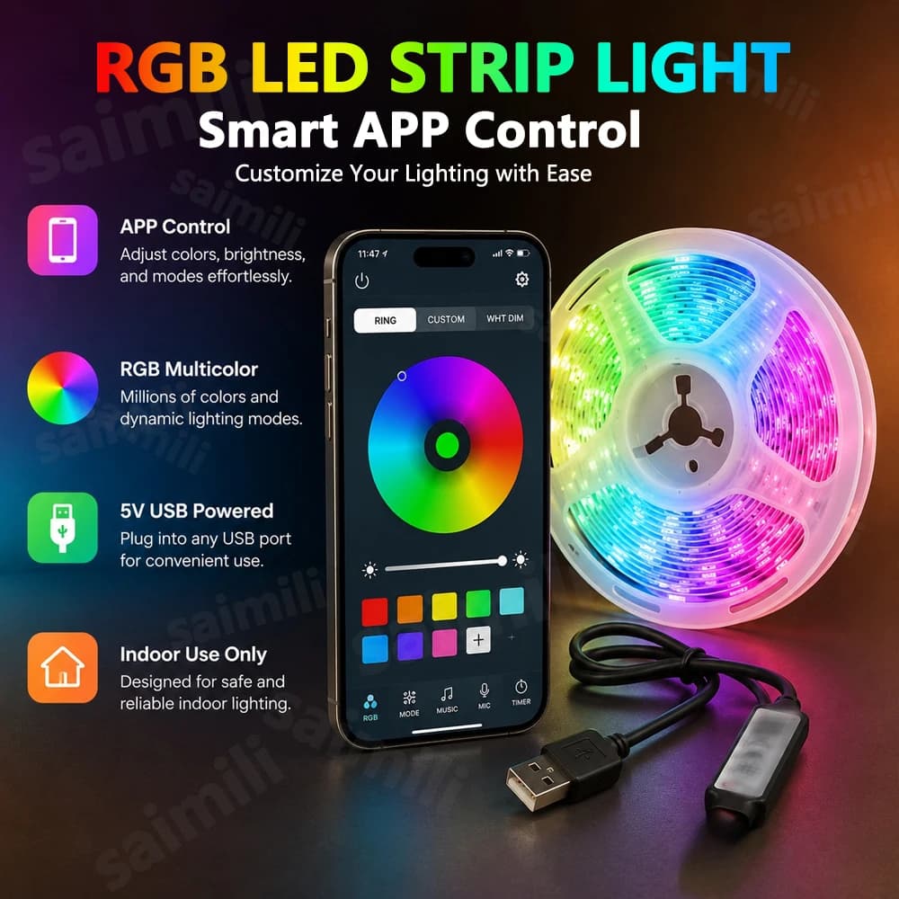 Bluetooth Smart RGB LED Strip 5V USB Supply Self Adhesive Tape Music Sync Dimmable Light For Gaming Room Home DIY Decoration