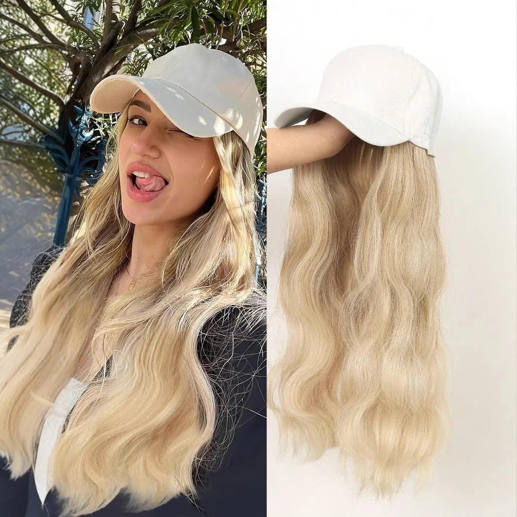 One-piece long wavy hair hat with wig - pearl white beanie wig made of synthetic fibers - full head cover