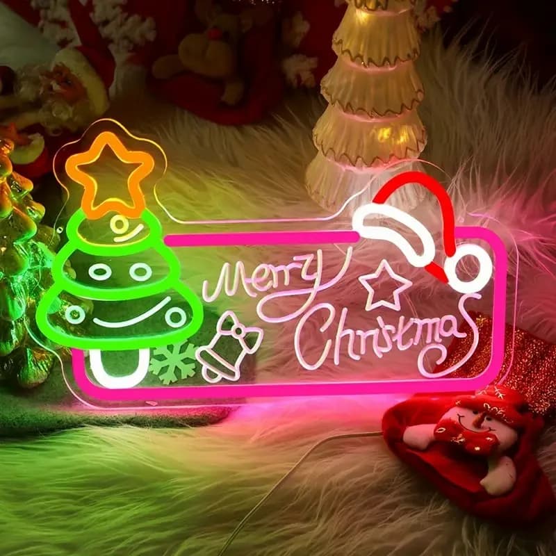 Albero di Natale in acrilico Cappello da Babbo Natale Insegna al neon Intaglio Decorazione da parete alimentata tramite USB con facile da appendere per casa, ufficio, negozio, compleanno, matrimonio A