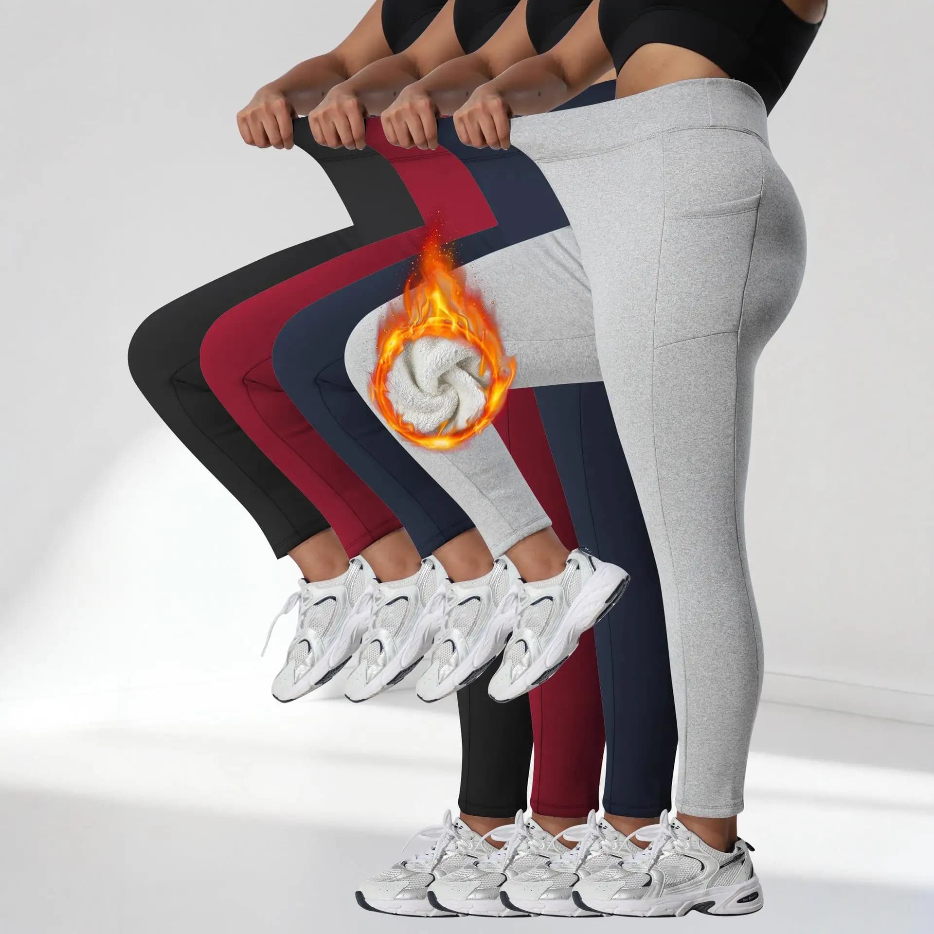 Leggings da donna spessi a vita alta con tasche, caldi, tinta unita, per l'inverno, alla moda