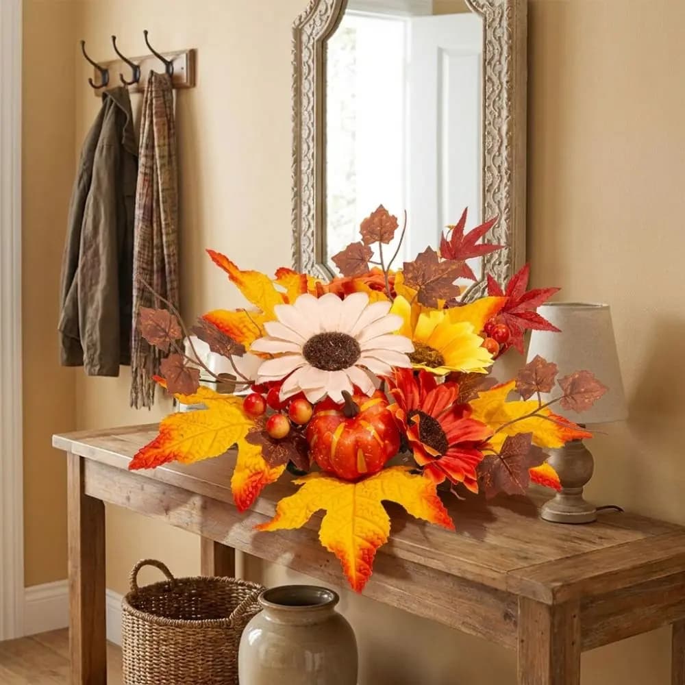 Rustic Style Autumn Sunflower Wreath Ornament Pumpkin Maple Simulation Halloween Artificial Wreath Plastic Candle Holder