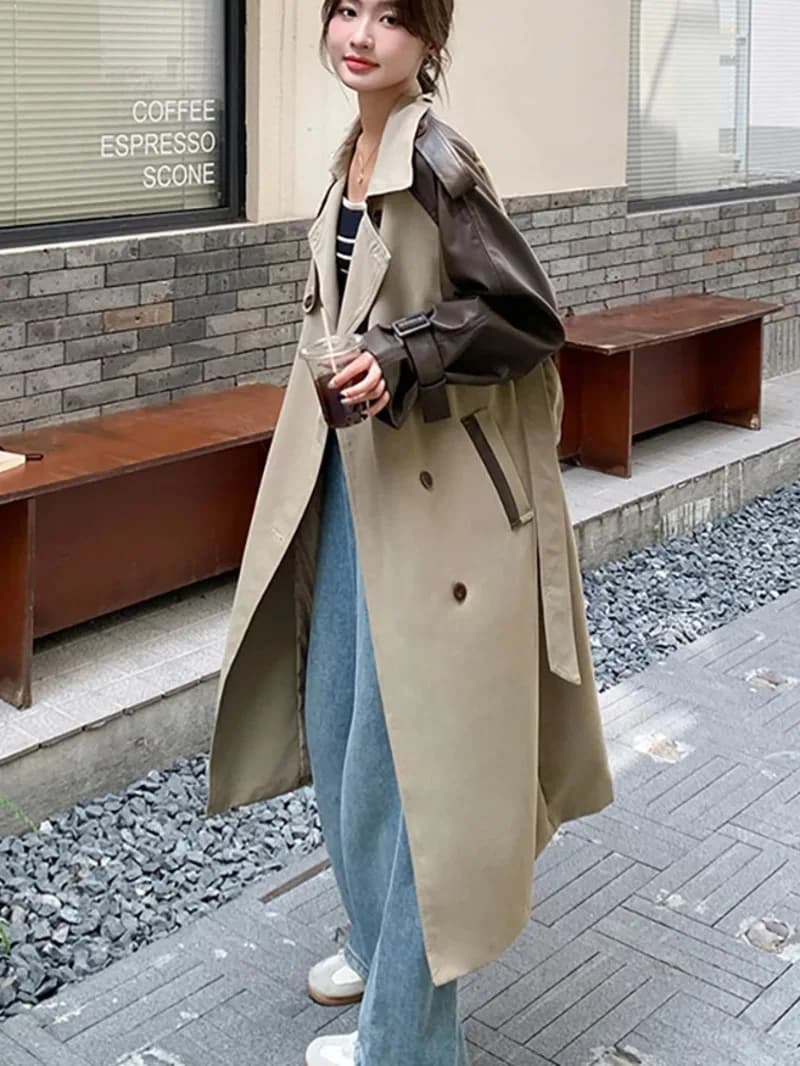 Trench Coat Donna in Pelle PU alla Moda con Maniche Lunghe e Patchwork, Doppio Petto con Risvolto, Antivento, Nuova Collezione Autunnale 76SRQ