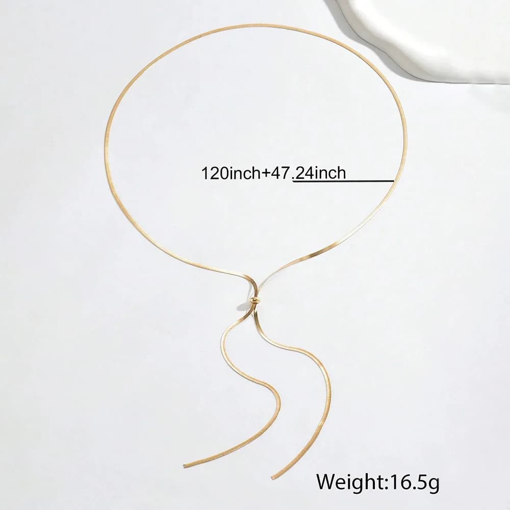 Extra Long Gold Flat Snake Lariat Necklace, Adjustable Knotted Y-Style Drop Design, Total Weight 16.5g, Two Combined Lengths 120 Inch plus 47.24 Inch, Minimalist Oversize Wrap Sweater Chain for Women