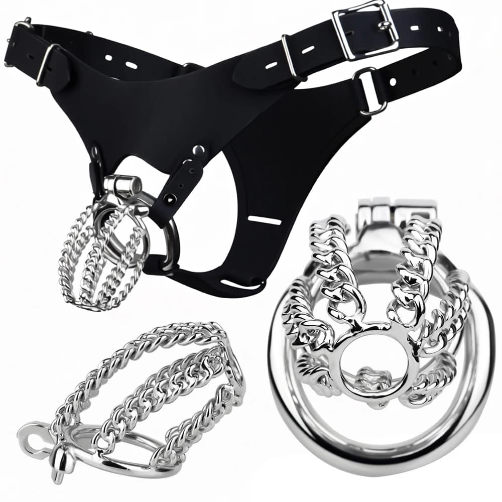 LEZEE Gabbia di castità in metallo con catena uretrale, dispositivo di blocco per pene, lucchetti Dragon-binding, anello per pene, giocattoli sessuali per uomo