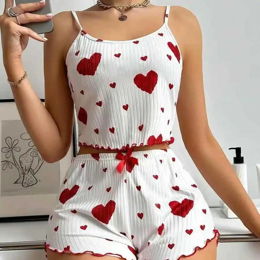 2 pezzi pigiama da donna set sexy carino pigiama kawaii bretelle da donna top da sole set pigiama pantaloncini Y2K Lolita cuore indumenti da notte di seta