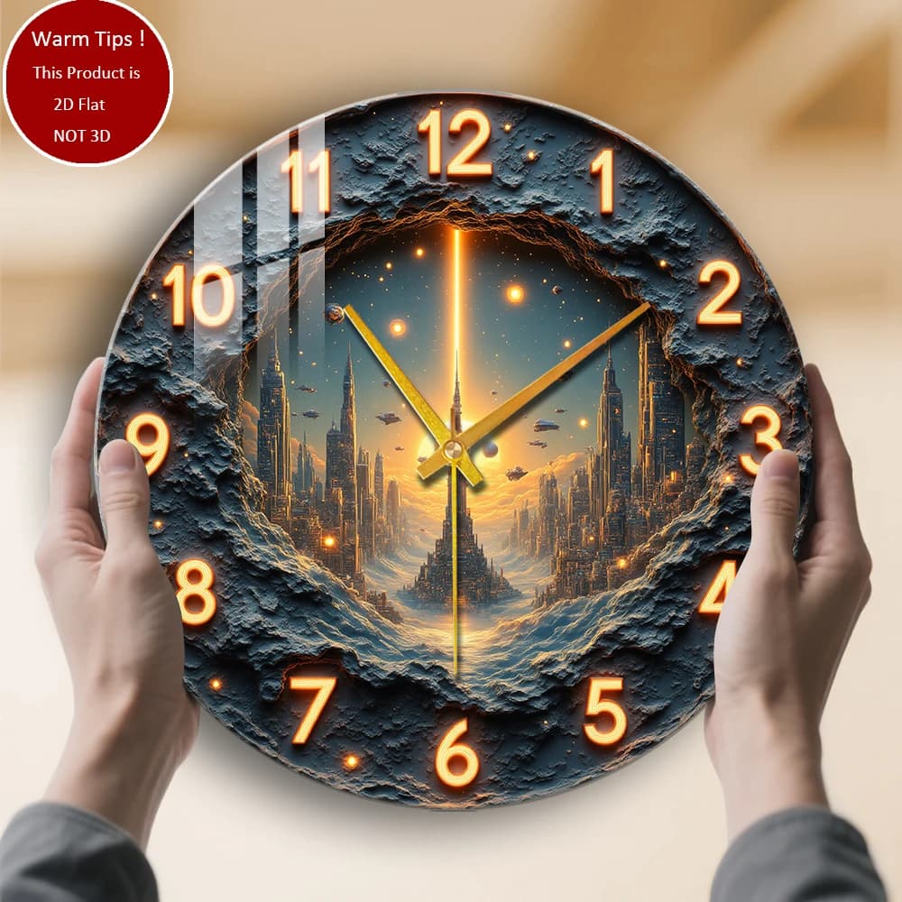 Tempered glass wall clock with futuristic urban landscape, suitable for home or table room wall decoration, anywhere