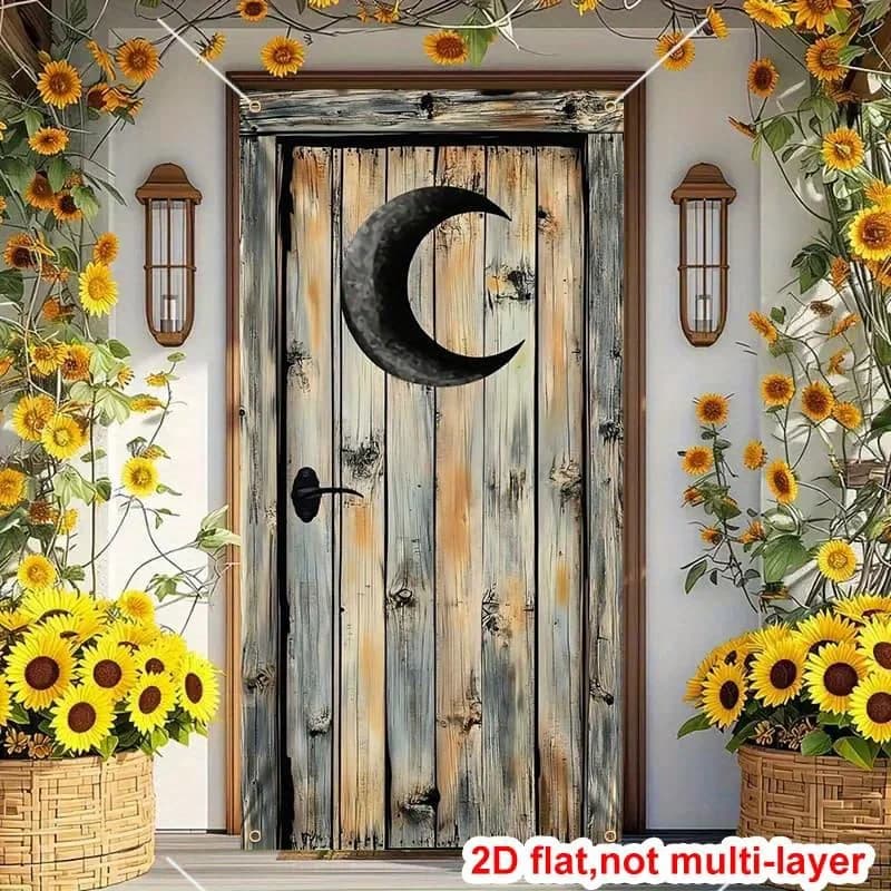 2D curtain banner, rural style moon and star outdoor door decoration - durable polyester fabric, starry night design